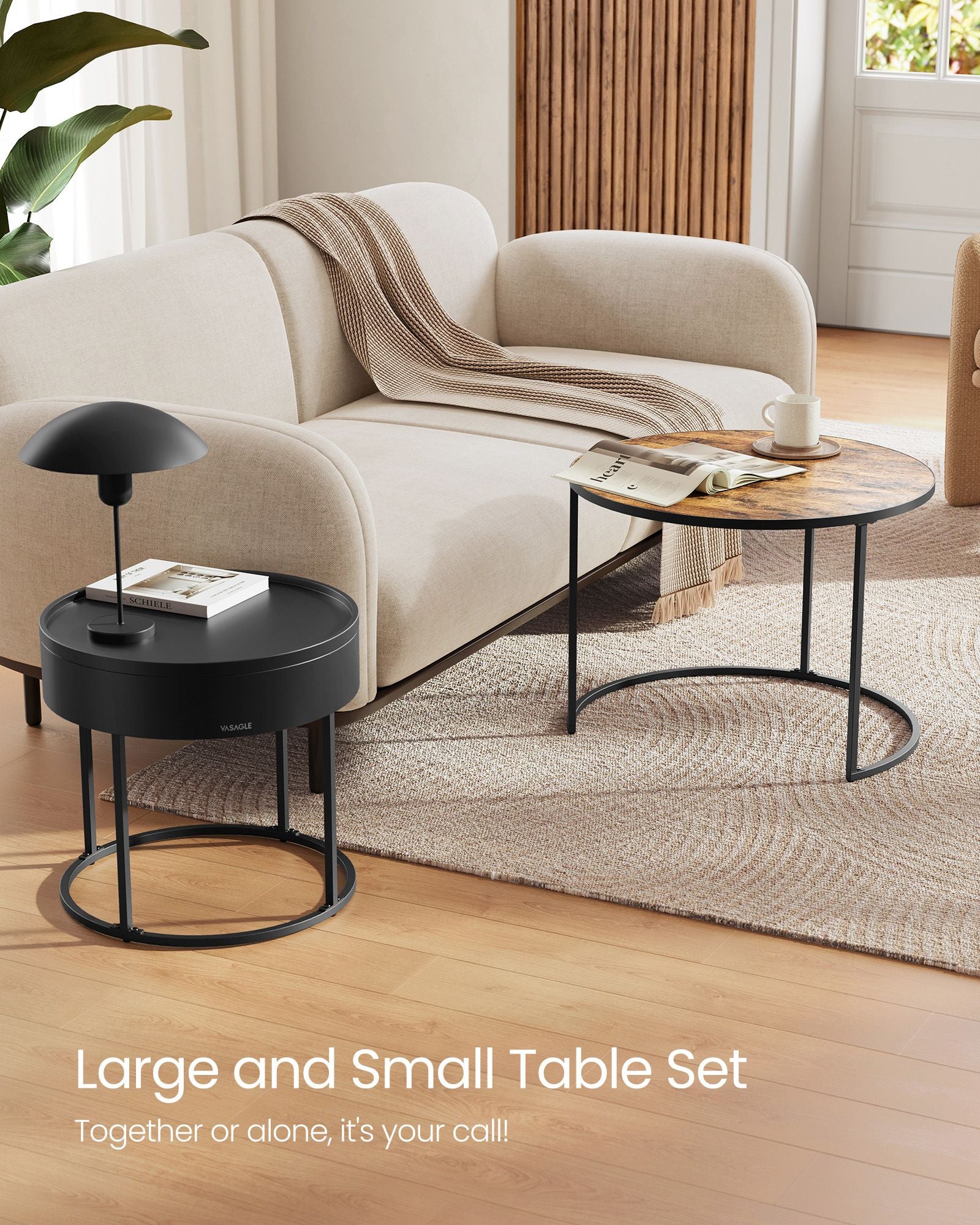 Set of 2 Round Nesting Tables – Wood – Rustic Brown and Ink Black – Hidden Storage and Top Tray