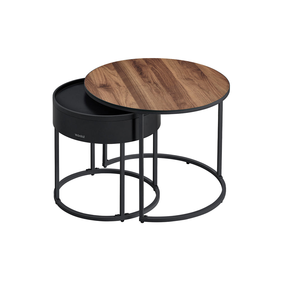 Set of 2 Round Nesting Tables – Wood – Rustic Brown and Ink Black – Hidden Storage and Top Tray