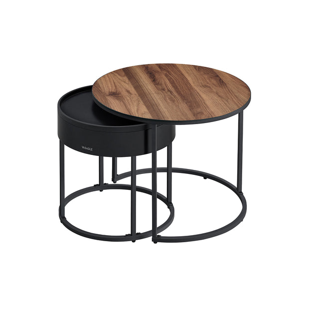 Set of 2 Round Nesting Tables – Wood – Rustic Brown and Ink Black – Hidden Storage and Top Tray