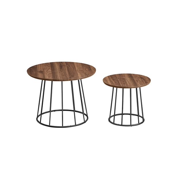 Set of 2 Round Side Tables – Steel Frame – Rustic Brown – Modern Style