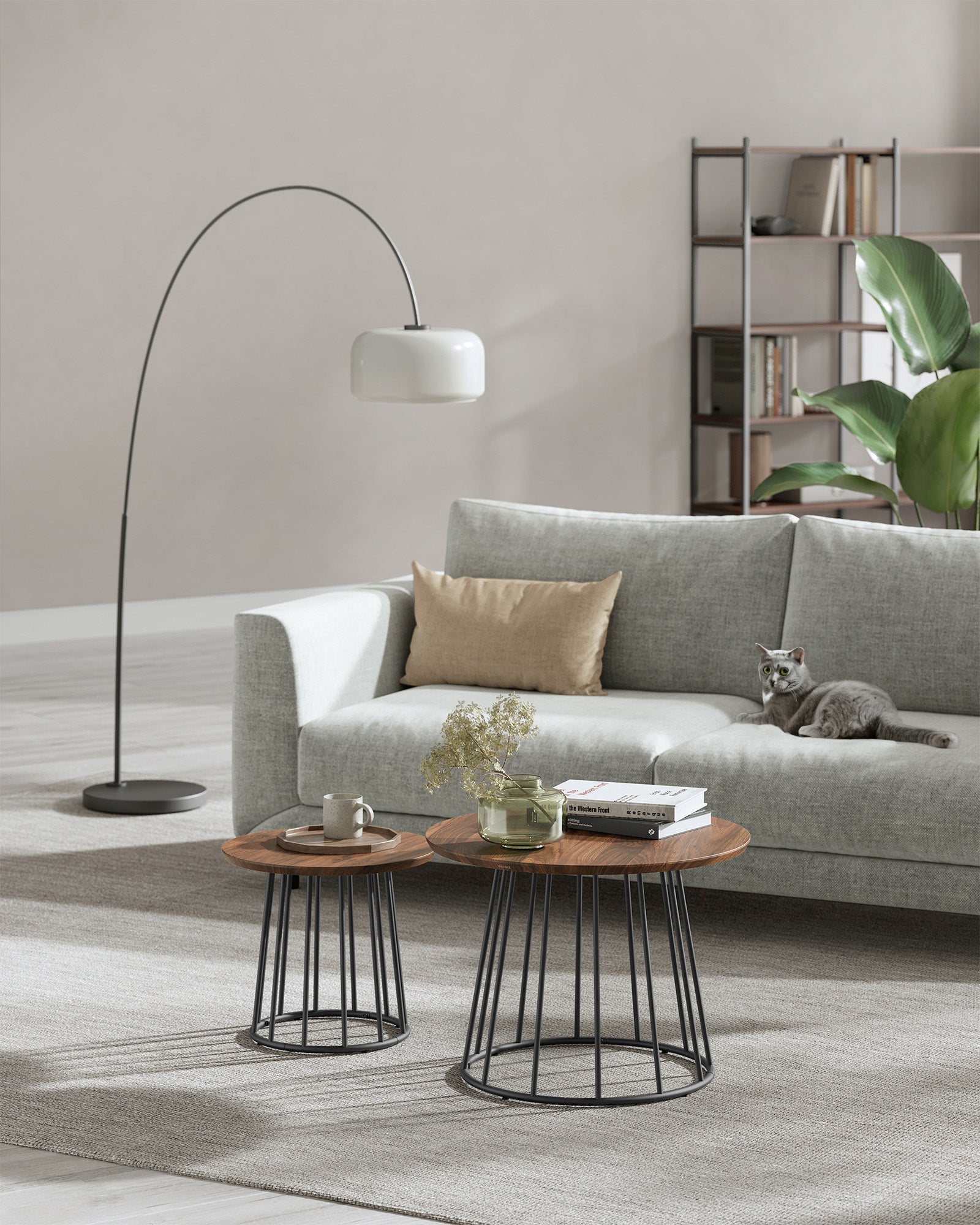Set of 2 Round Side Tables – Steel Frame – Rustic Brown – Modern Style
