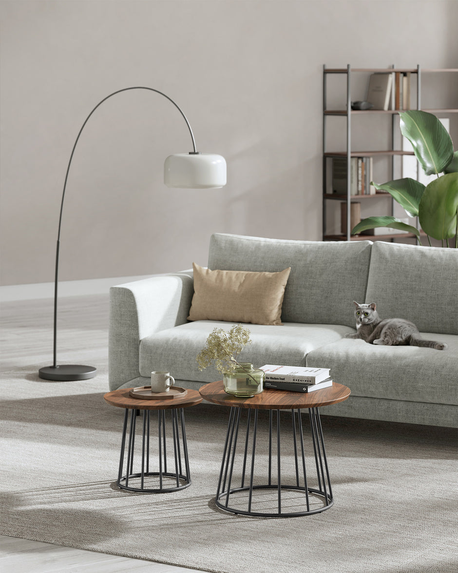 Set of 2 Round Side Tables – Steel Frame – Rustic Brown – Modern Style