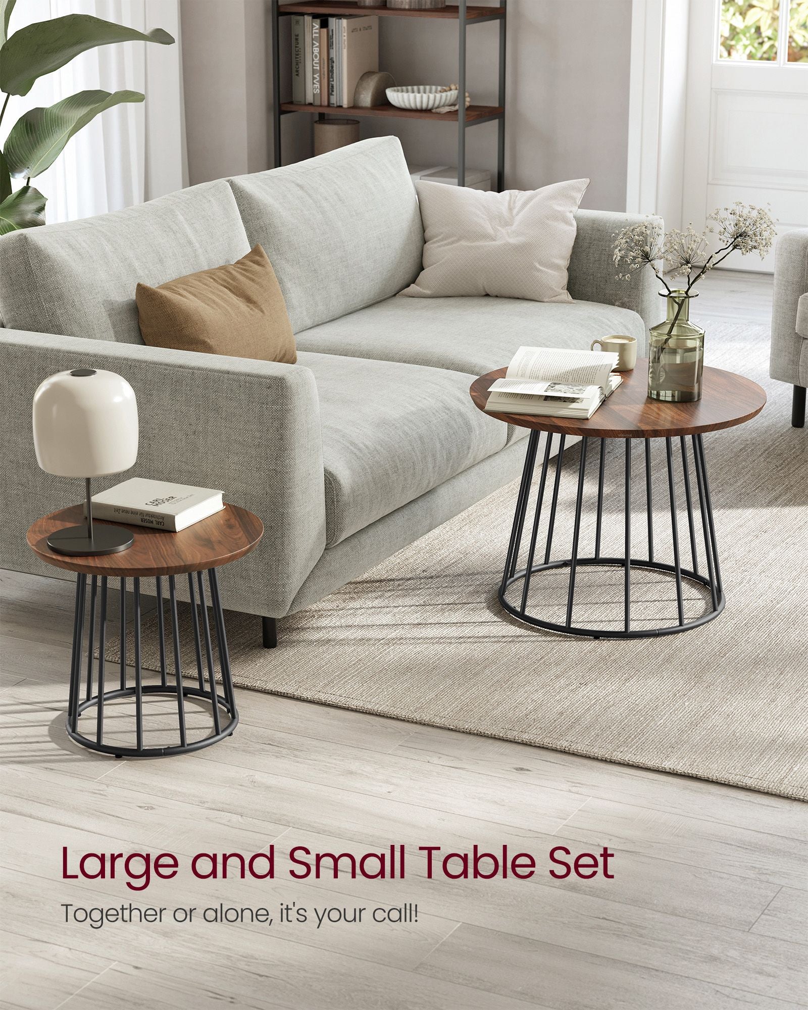Set of 2 Round Side Tables – Steel Frame – Rustic Brown – Modern Style