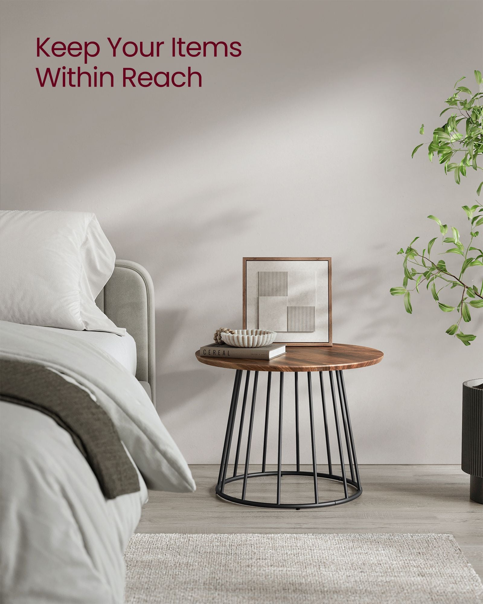 Set of 2 Round Side Tables – Steel Frame – Rustic Brown – Modern Style