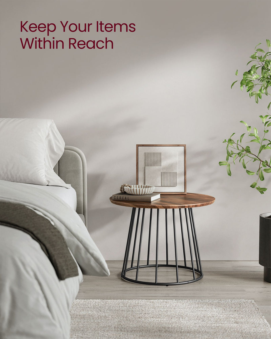 Set of 2 Round Side Tables – Steel Frame – Rustic Brown – Modern Style