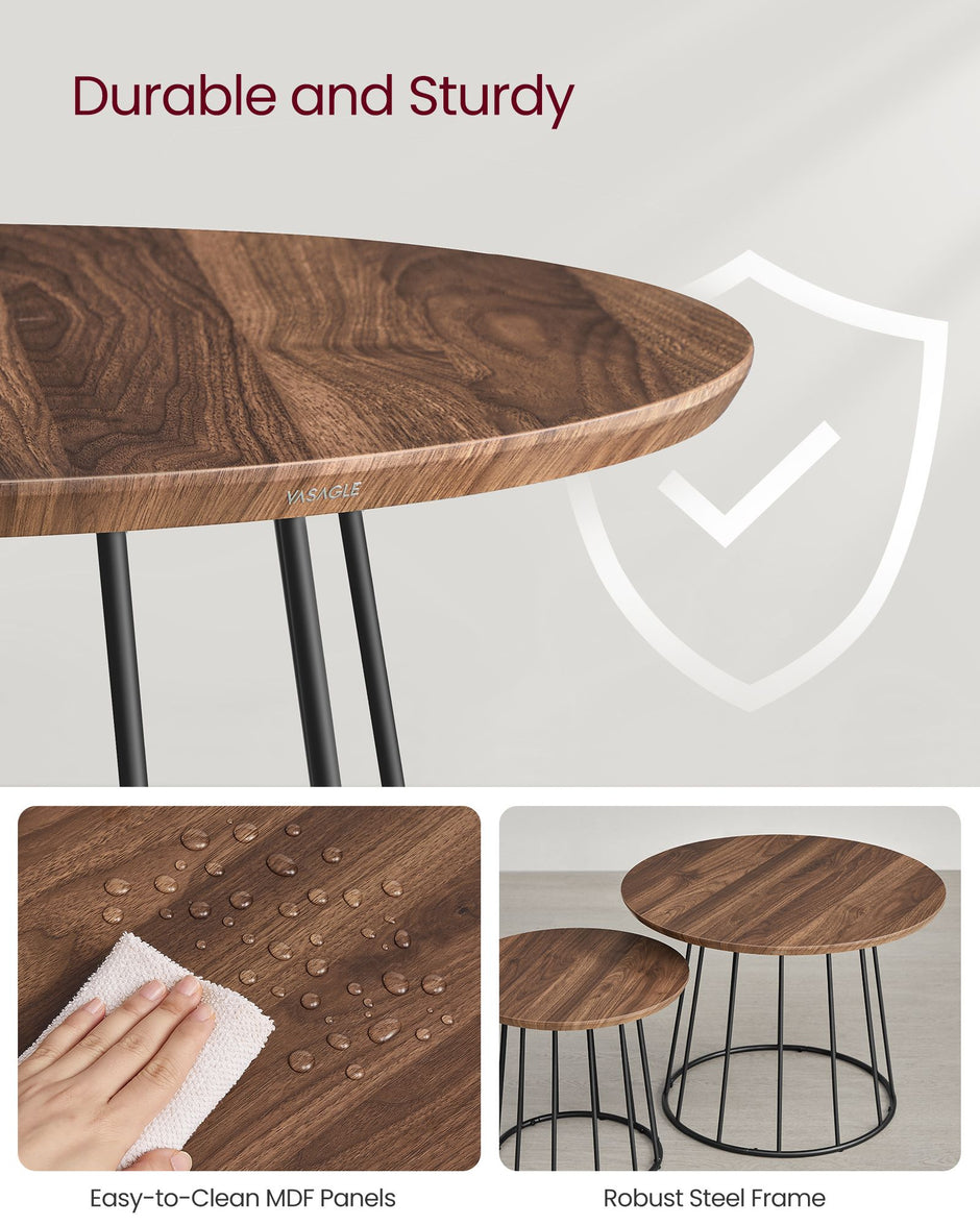 Set of 2 Round Side Tables – Steel Frame – Rustic Brown – Modern Style