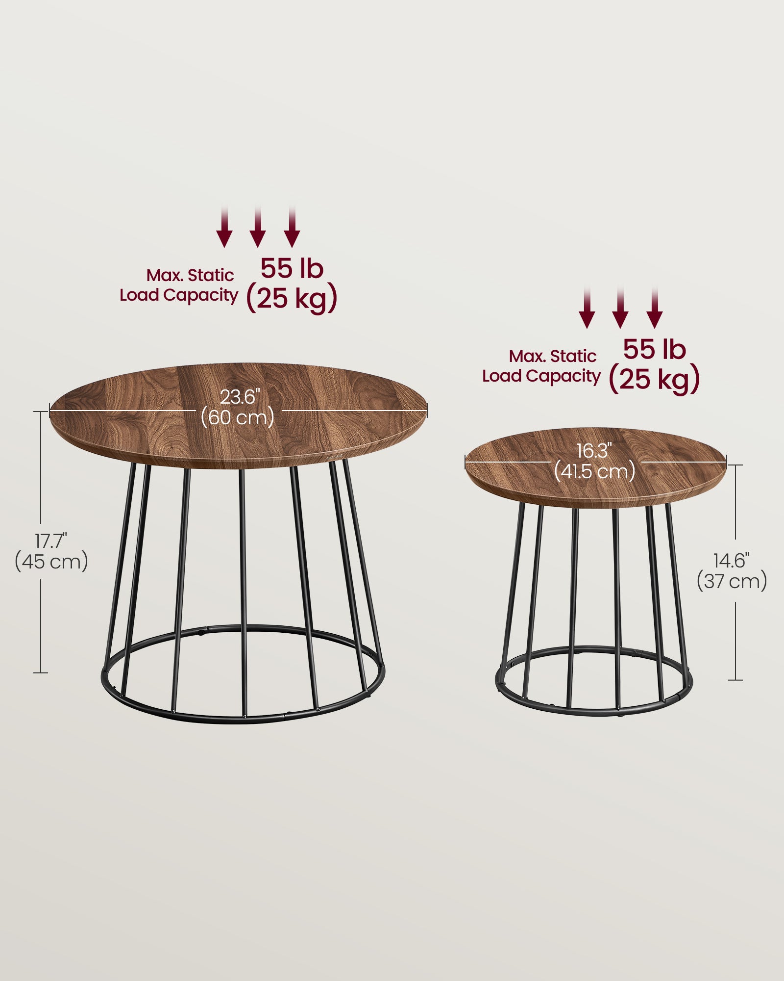 Set of 2 Round Side Tables – Steel Frame – Rustic Brown – Modern Style