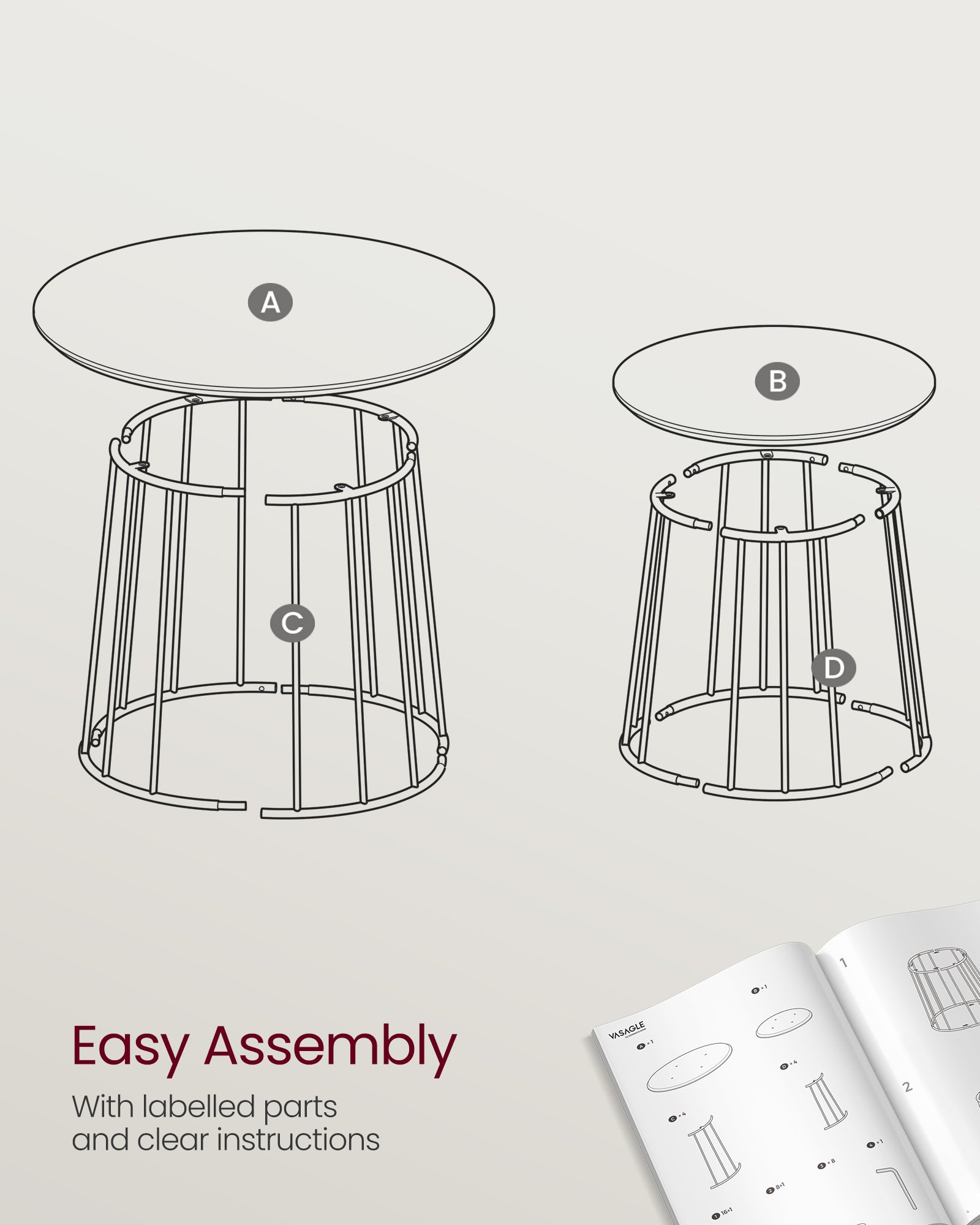 Set of 2 Round Side Tables – Steel Frame – Rustic Brown – Modern Style