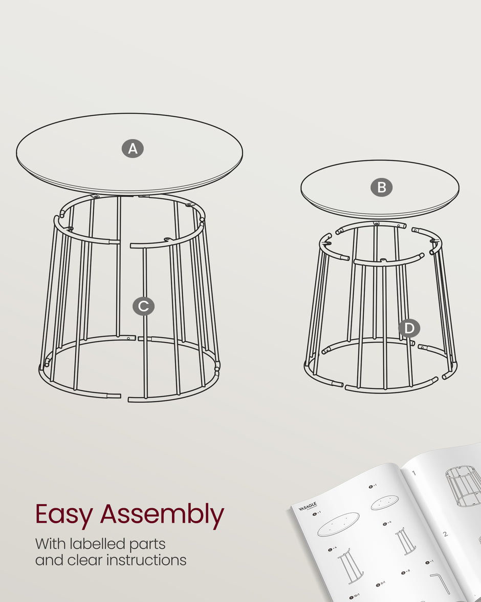 Set of 2 Round Side Tables – Steel Frame – Rustic Brown – Modern Style