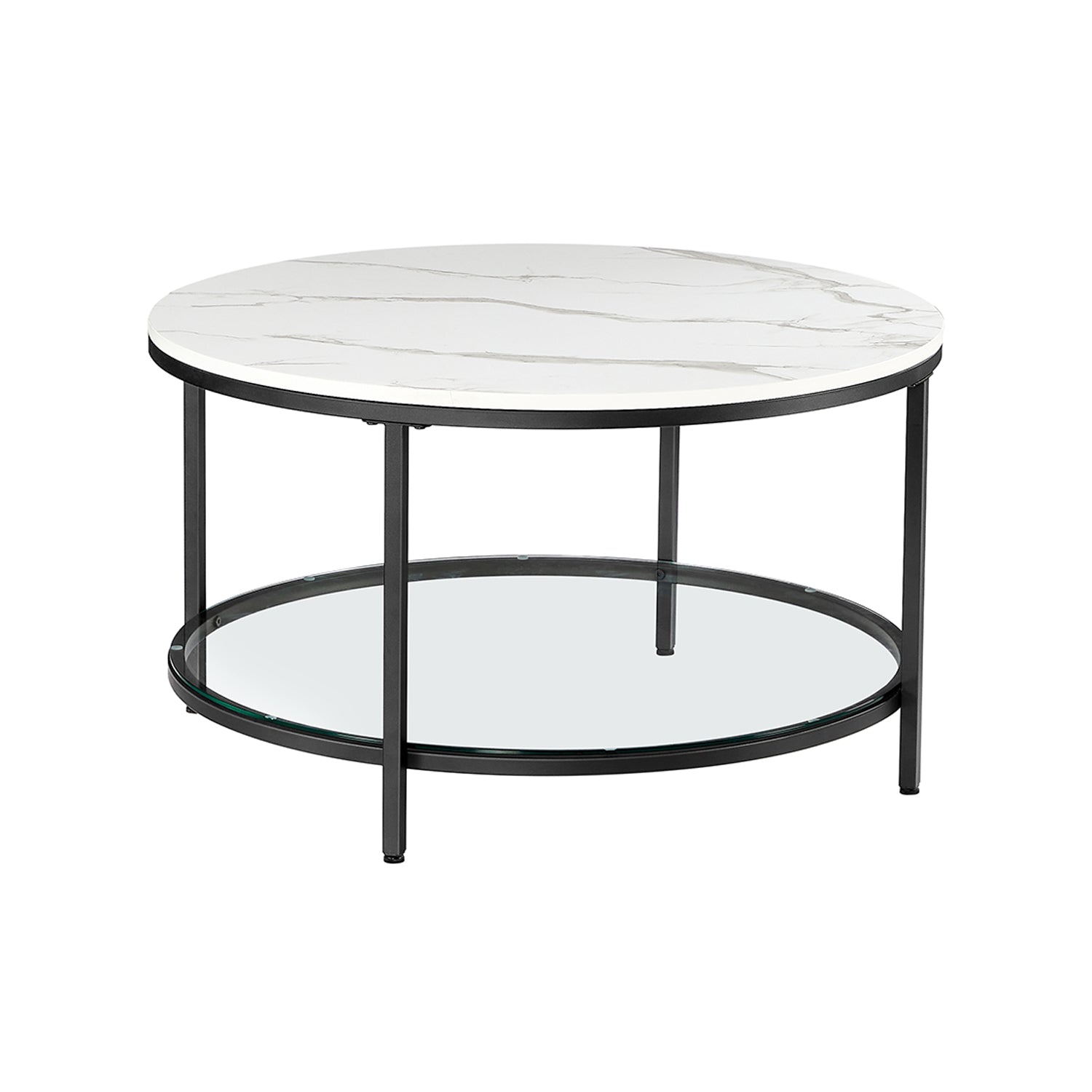 Round Coffee Table – Faux Marble – White and Ink Black – Tempered Glass Storage Shelf