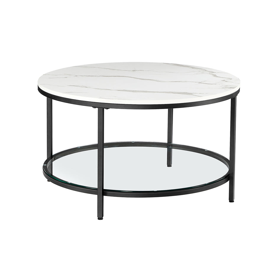 Round Coffee Table – Faux Marble – White and Ink Black – Tempered Glass Storage Shelf