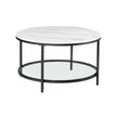 Round Coffee Table – Faux Marble – White and Ink Black – Tempered Glass Storage Shelf