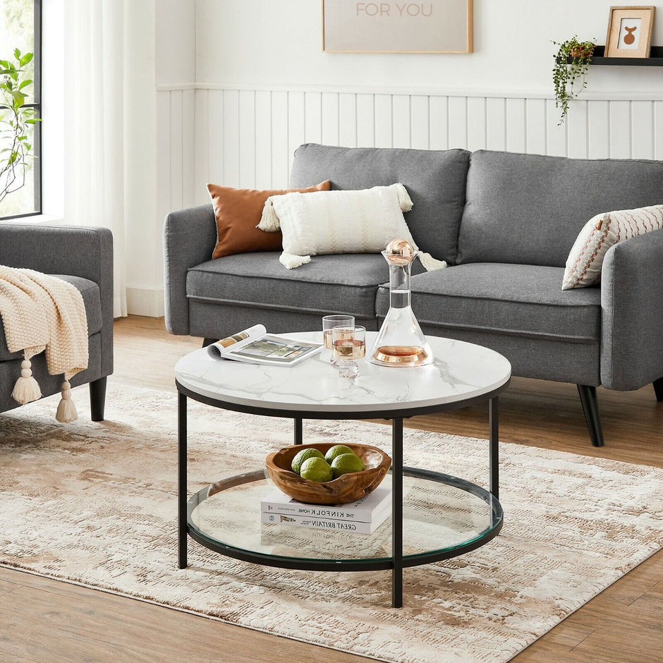 Round Coffee Table – Faux Marble – White and Ink Black – Tempered Glass Storage Shelf