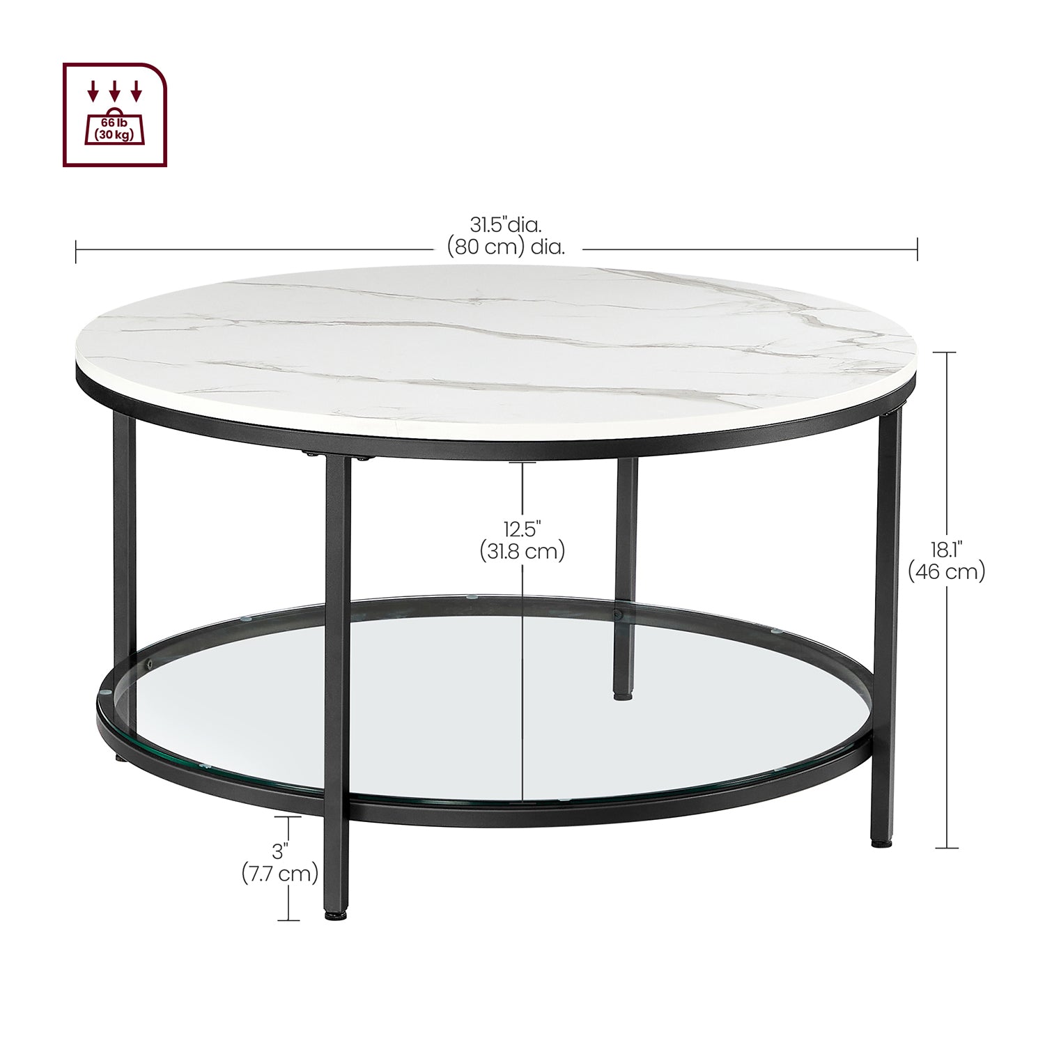 Round Coffee Table – Faux Marble – White and Ink Black – Tempered Glass Storage Shelf