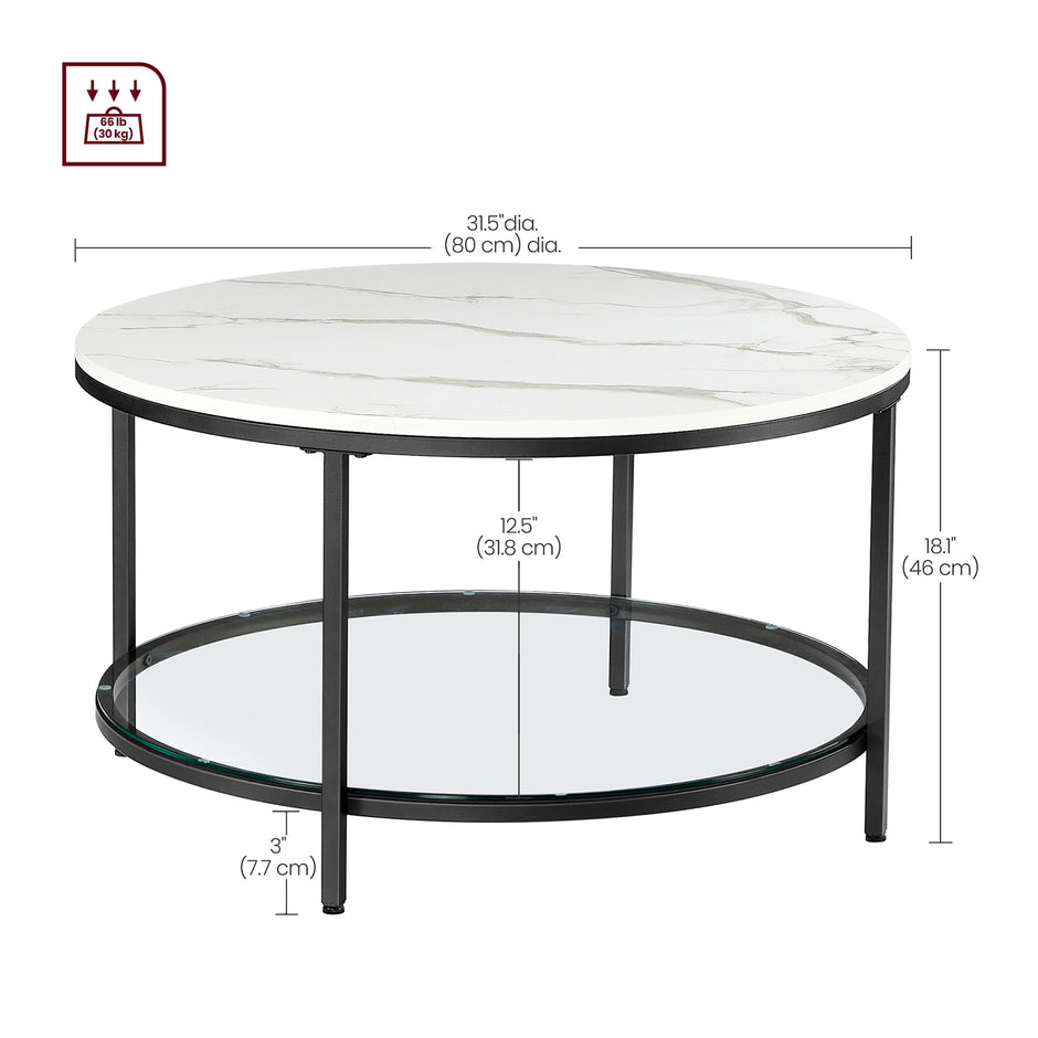 Round Coffee Table – Faux Marble – White and Ink Black – Tempered Glass Storage Shelf