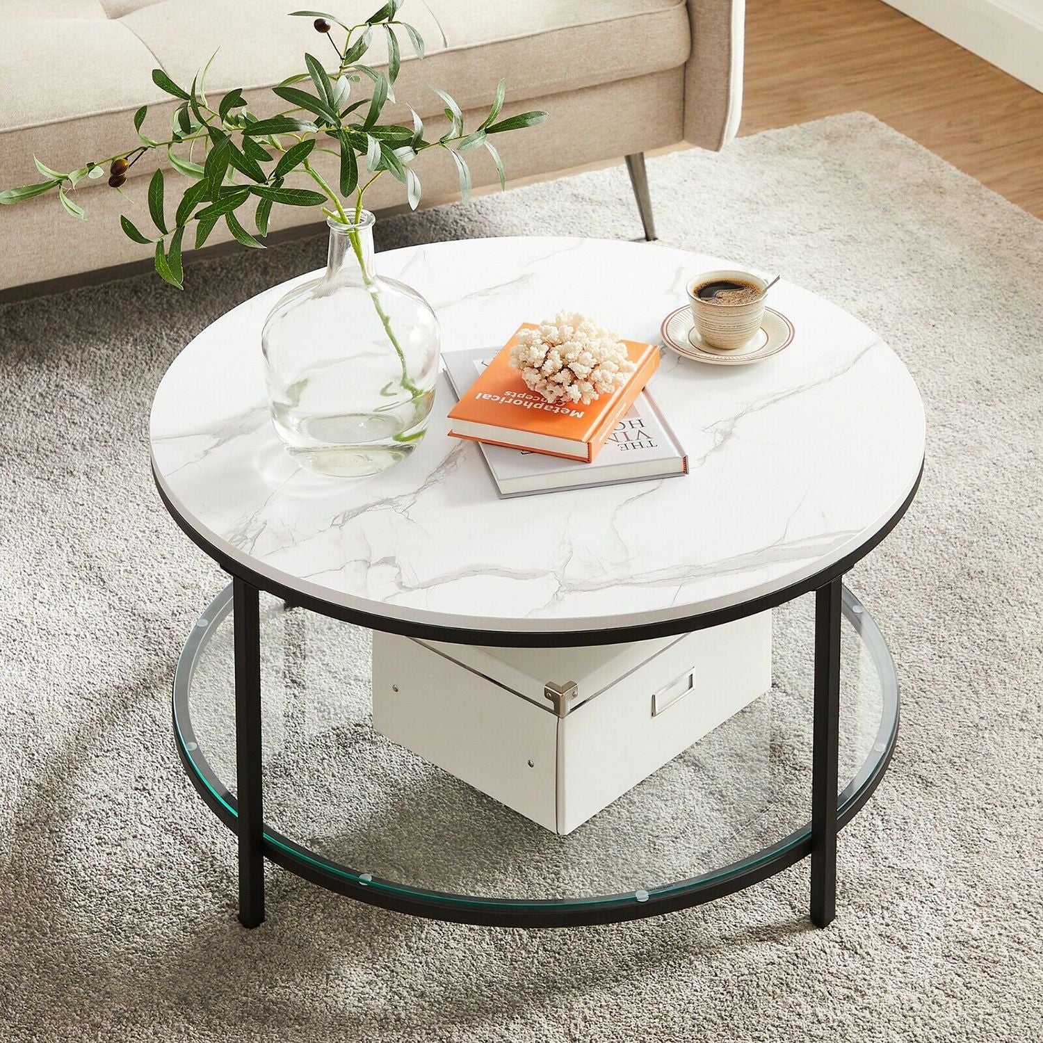 Round Coffee Table – Faux Marble – White and Ink Black – Tempered Glass Storage Shelf