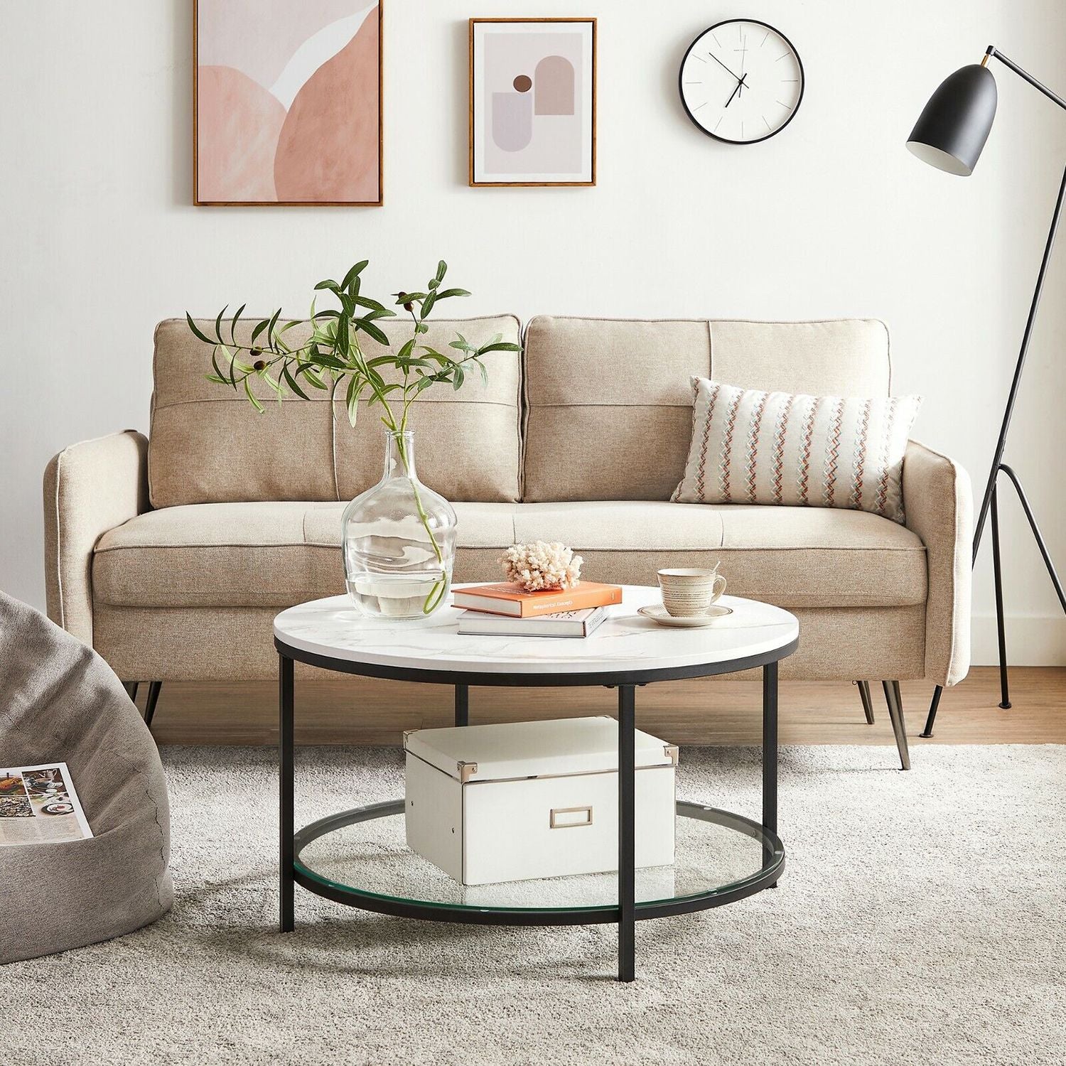 Round Coffee Table – Faux Marble – White and Ink Black – Tempered Glass Storage Shelf