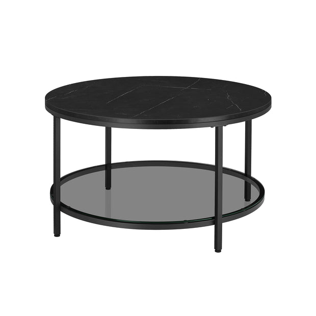 Round Coffee Table – Faux Marble – White and Ink Black – Tempered Glass Storage Shelf