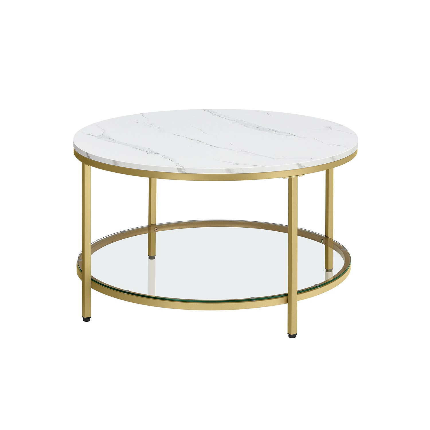Round Coffee Table – Faux Marble – White and Ink Black – Tempered Glass Storage Shelf