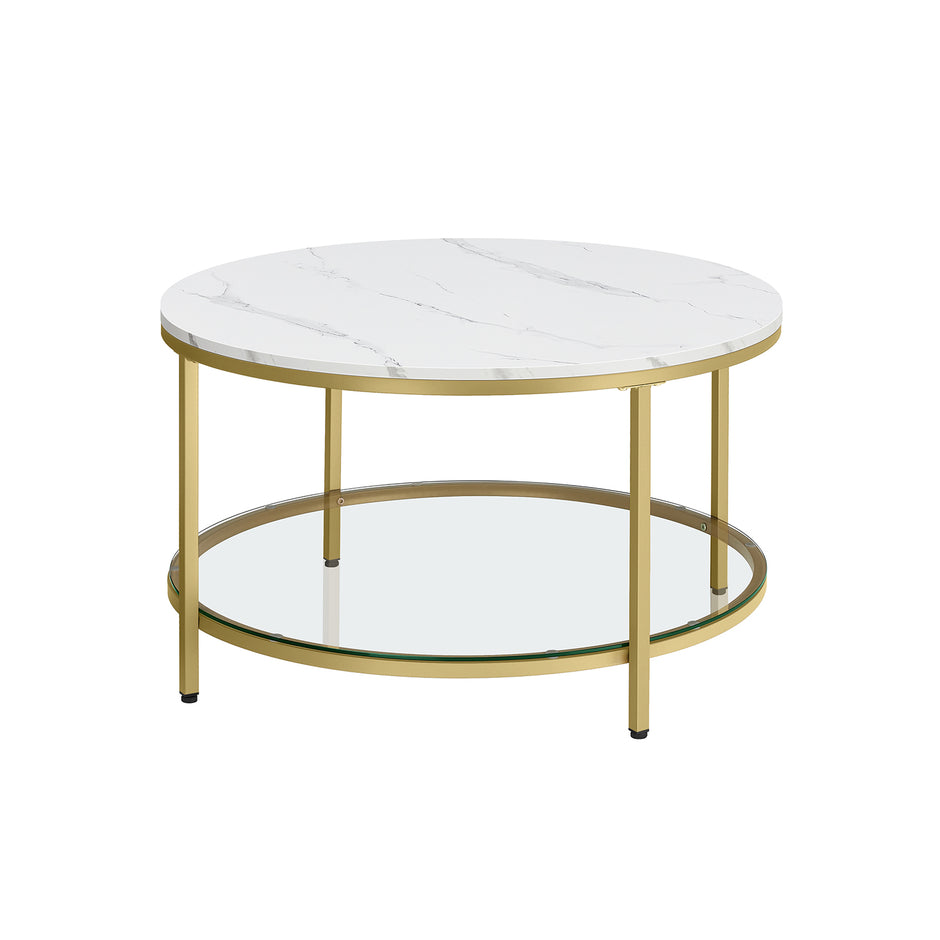 Round Coffee Table – Faux Marble – White and Ink Black – Tempered Glass Storage Shelf