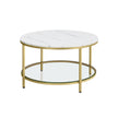 Round Coffee Table – Faux Marble – White and Ink Black – Tempered Glass Storage Shelf