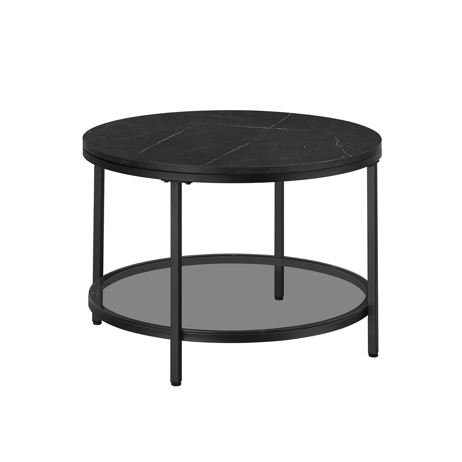 Round Coffee Table – Faux Marble and Tempered Glass – Black – Modern Design with Storage Shelf