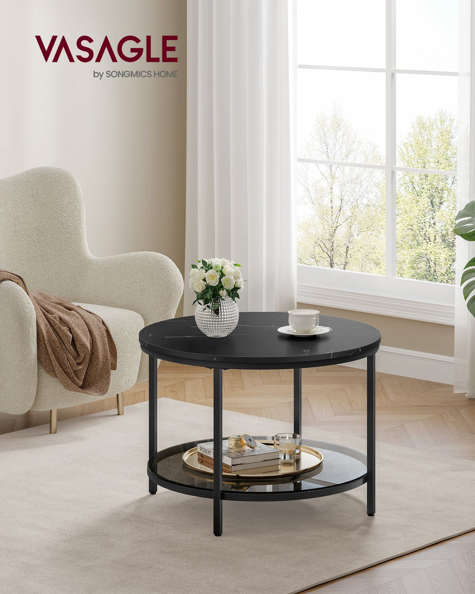 Round Coffee Table – Faux Marble and Tempered Glass – Black – Modern Design with Storage Shelf