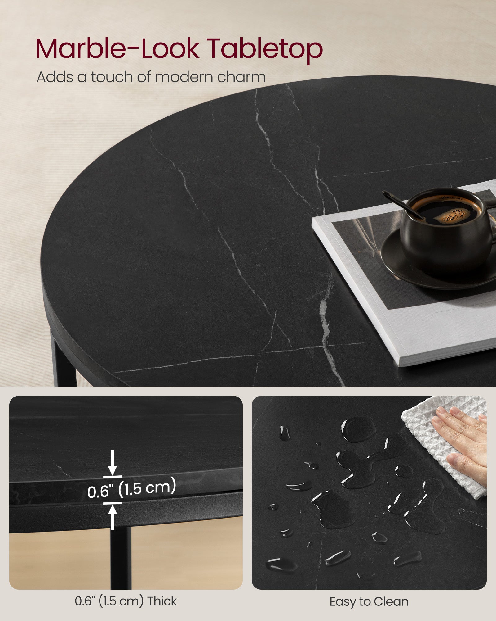Round Coffee Table – Faux Marble and Tempered Glass – Black – Modern Design with Storage Shelf