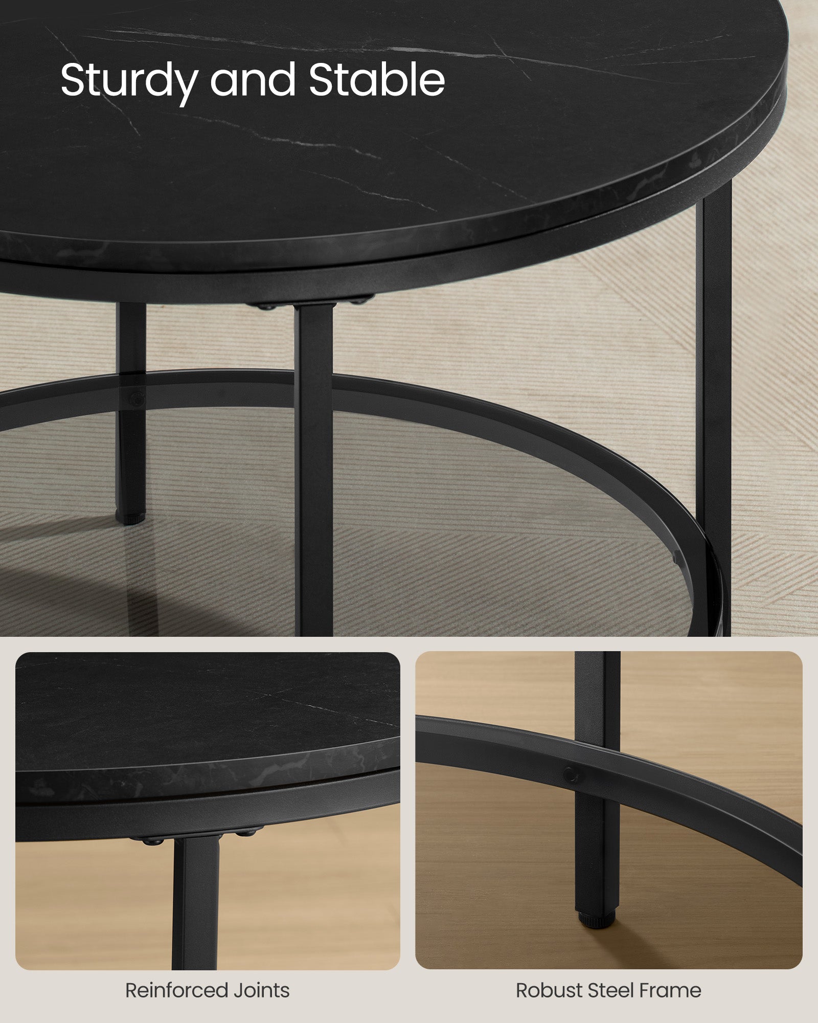 Round Coffee Table – Faux Marble and Tempered Glass – Black – Modern Design with Storage Shelf
