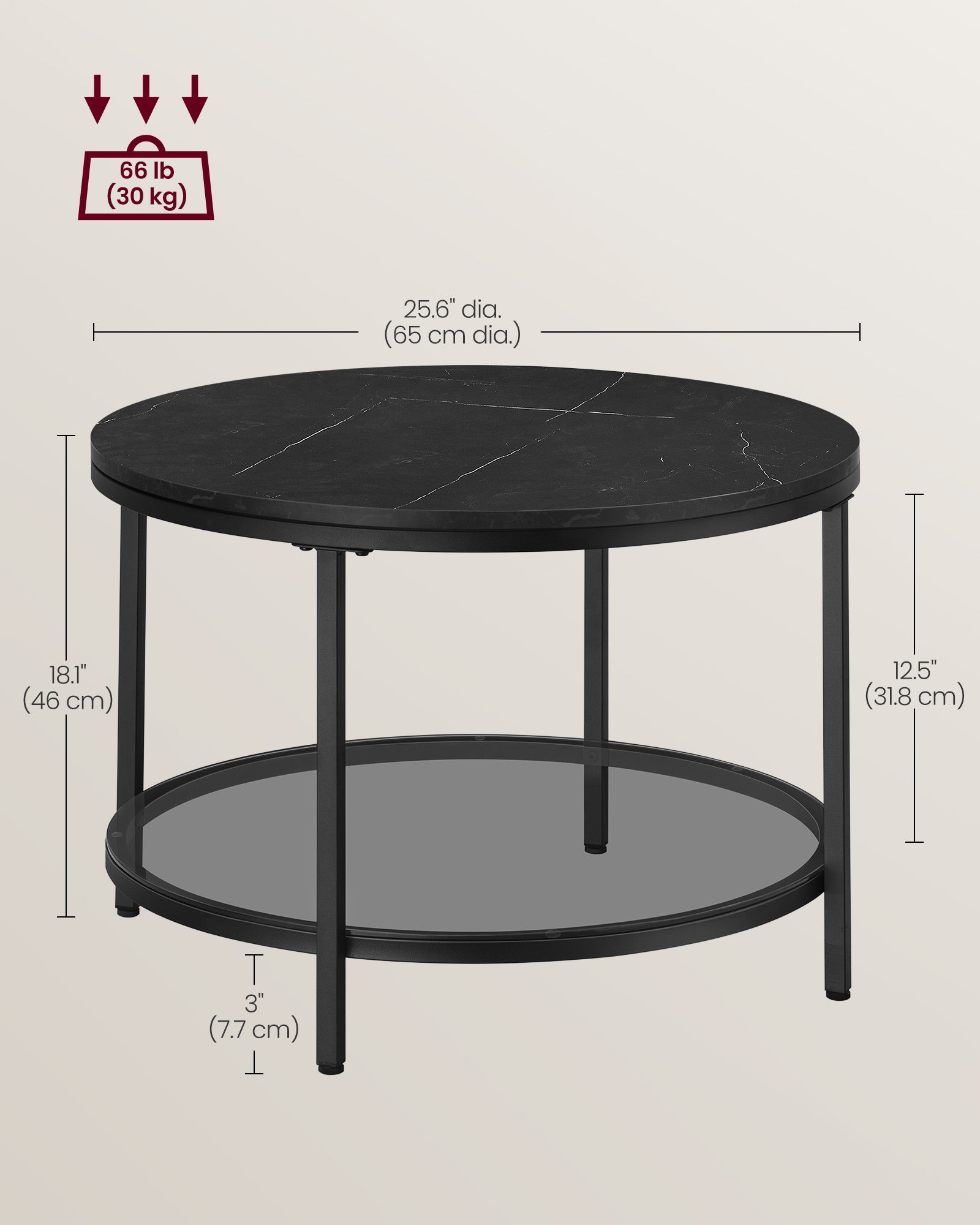 Round Coffee Table – Faux Marble and Tempered Glass – Black – Modern Design with Storage Shelf