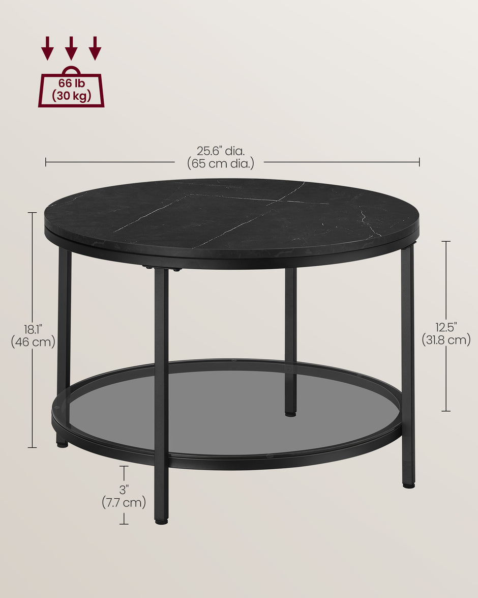 Round Coffee Table – Faux Marble and Tempered Glass – Black – Modern Design with Storage Shelf