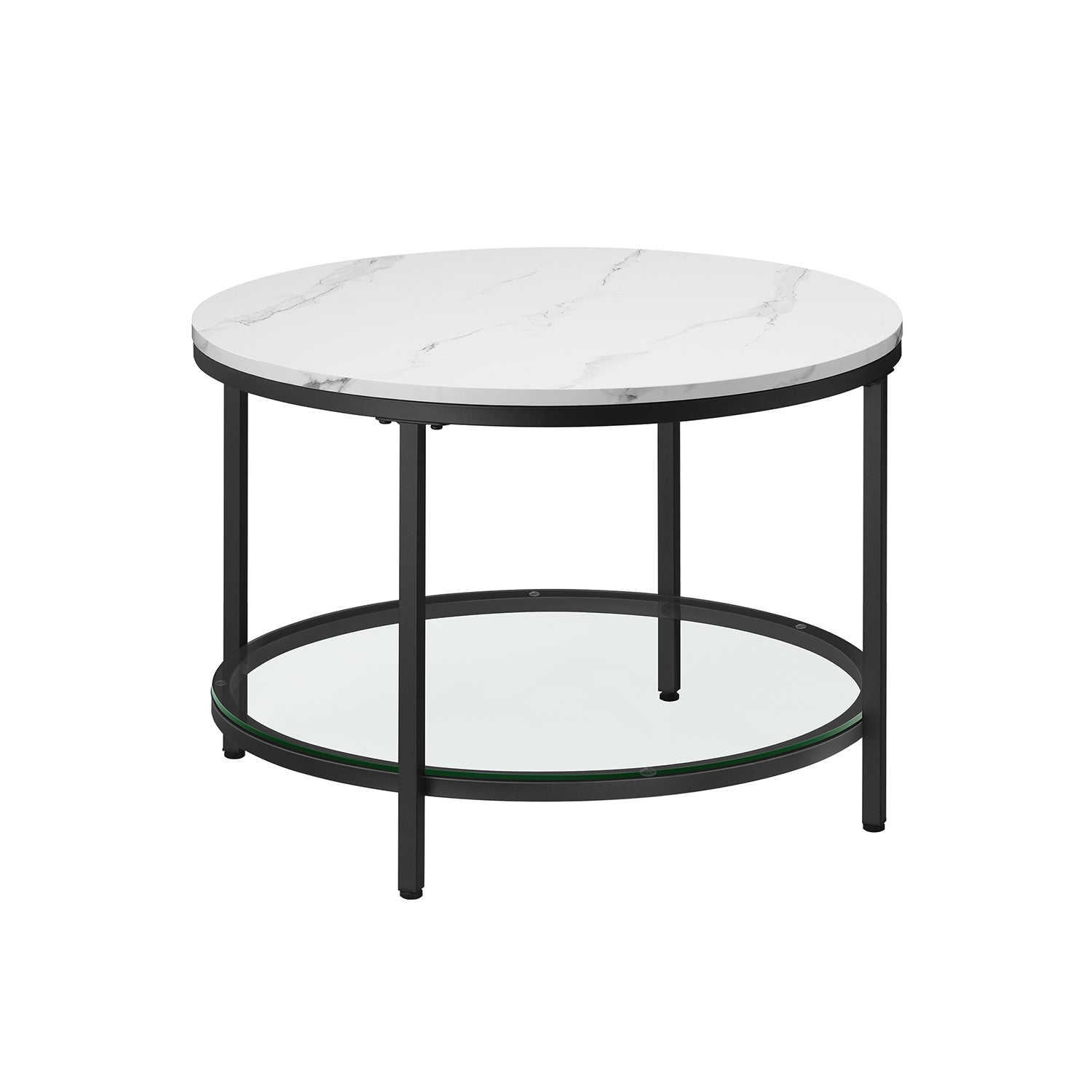 Round Coffee Table – Faux Marble and Tempered Glass – Black – Modern Design with Storage Shelf