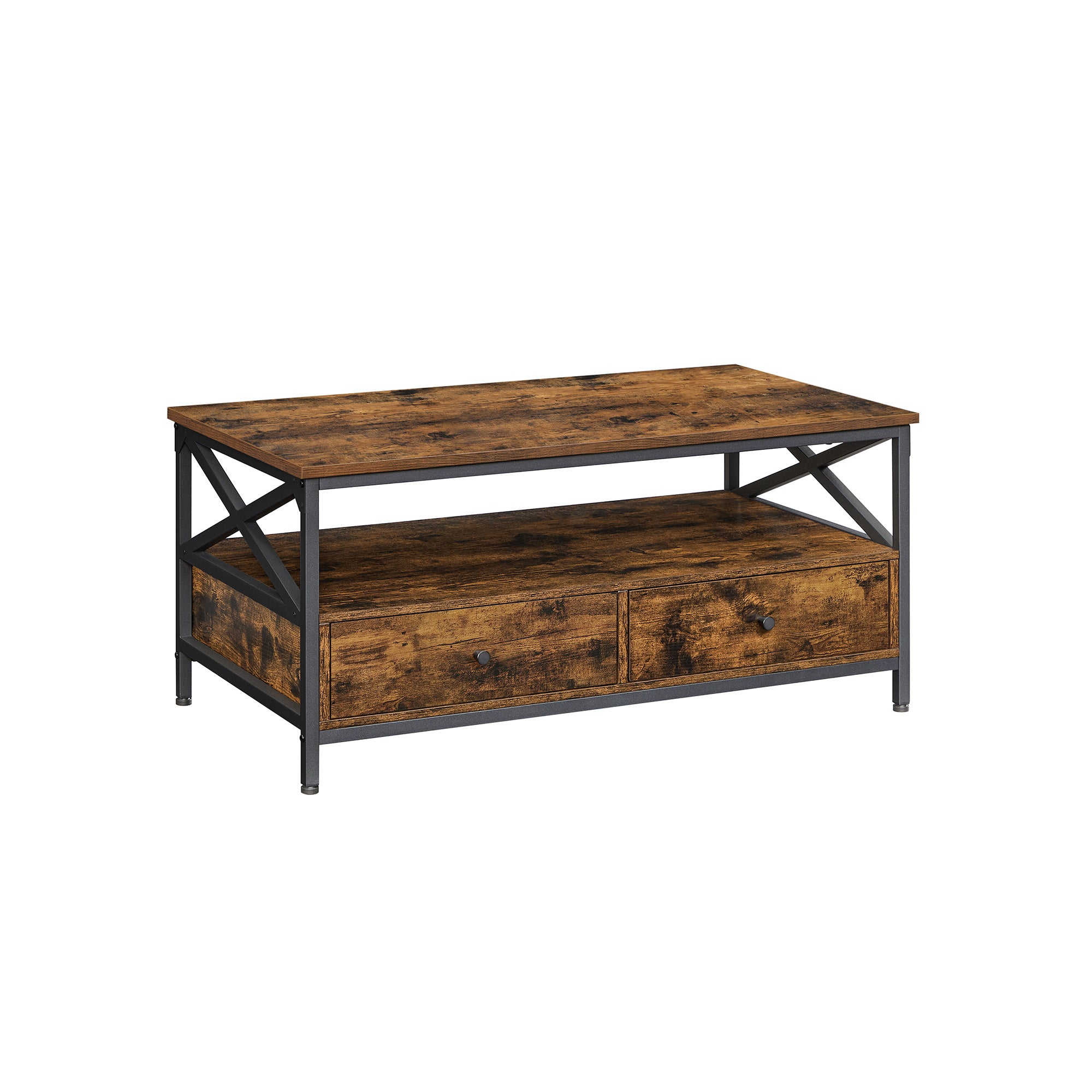 Coffee Table – Wood and Steel – Rustic Brown and Black – Industrial Style with Drawers and Open Storage Shelf