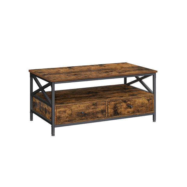 Coffee Table – Wood and Steel – Rustic Brown and Black – Industrial Style with Drawers and Open Storage Shelf
