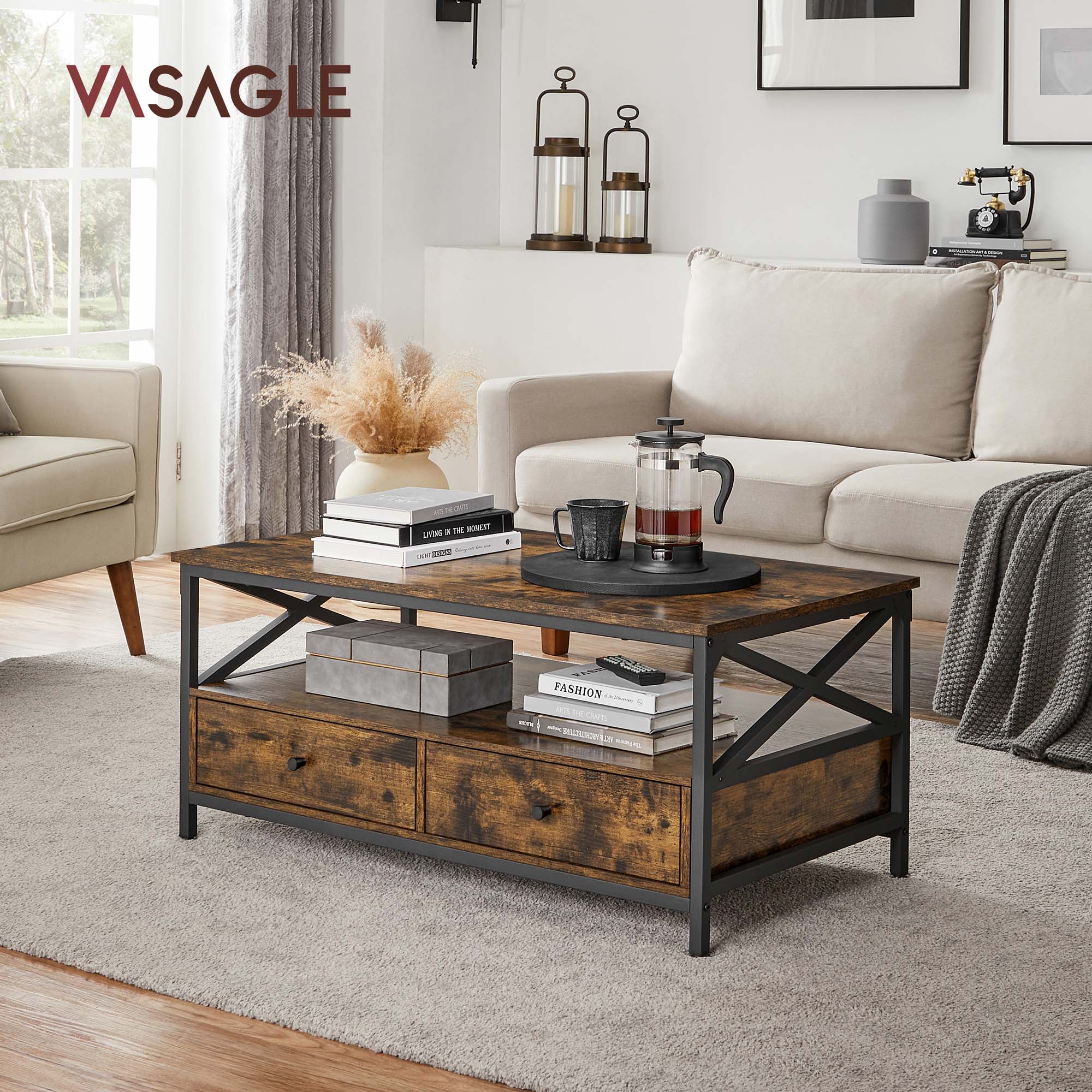 Coffee Table – Wood and Steel – Rustic Brown and Black – Industrial Style with Drawers and Open Storage Shelf