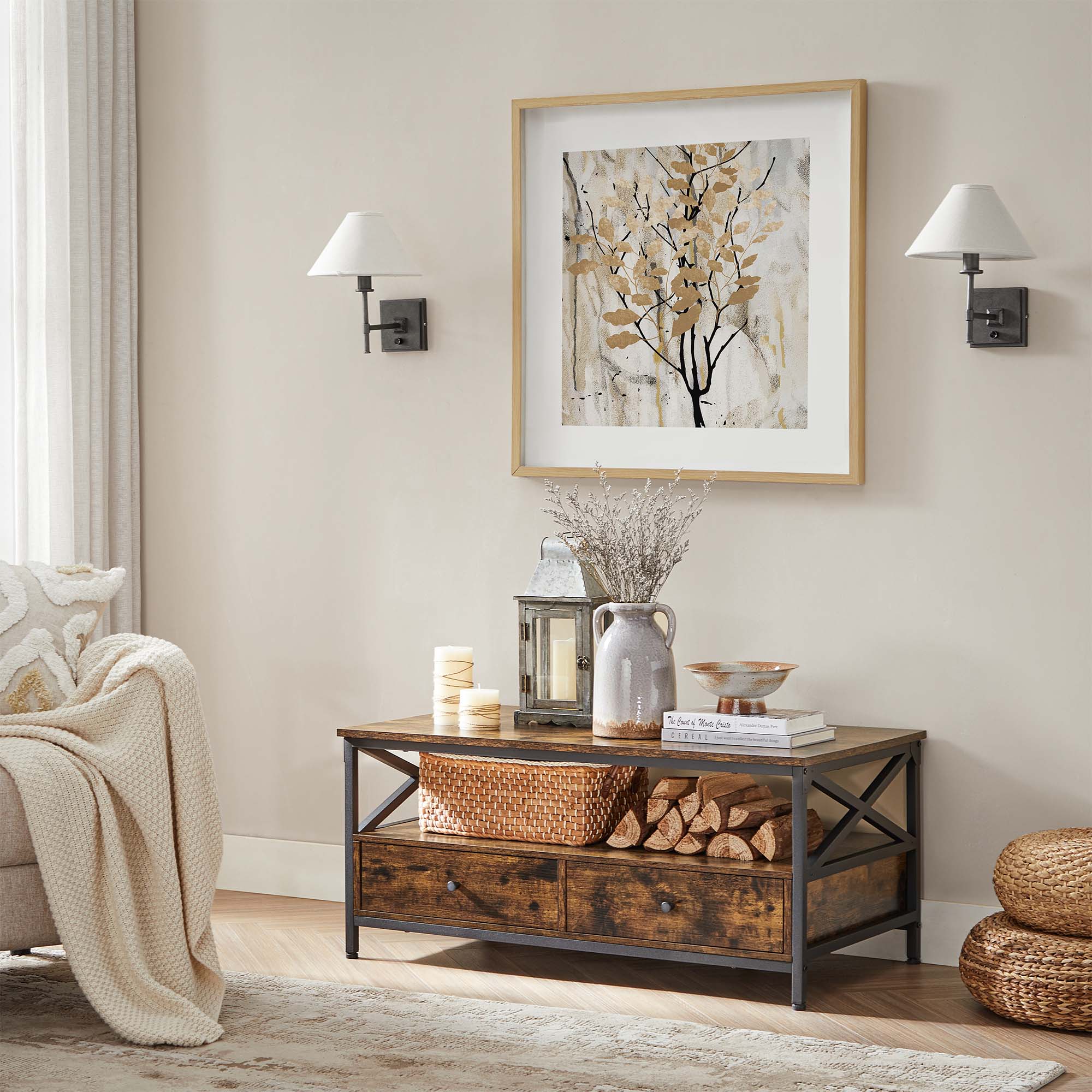 Coffee Table – Wood and Steel – Rustic Brown and Black – Industrial Style with Drawers and Open Storage Shelf