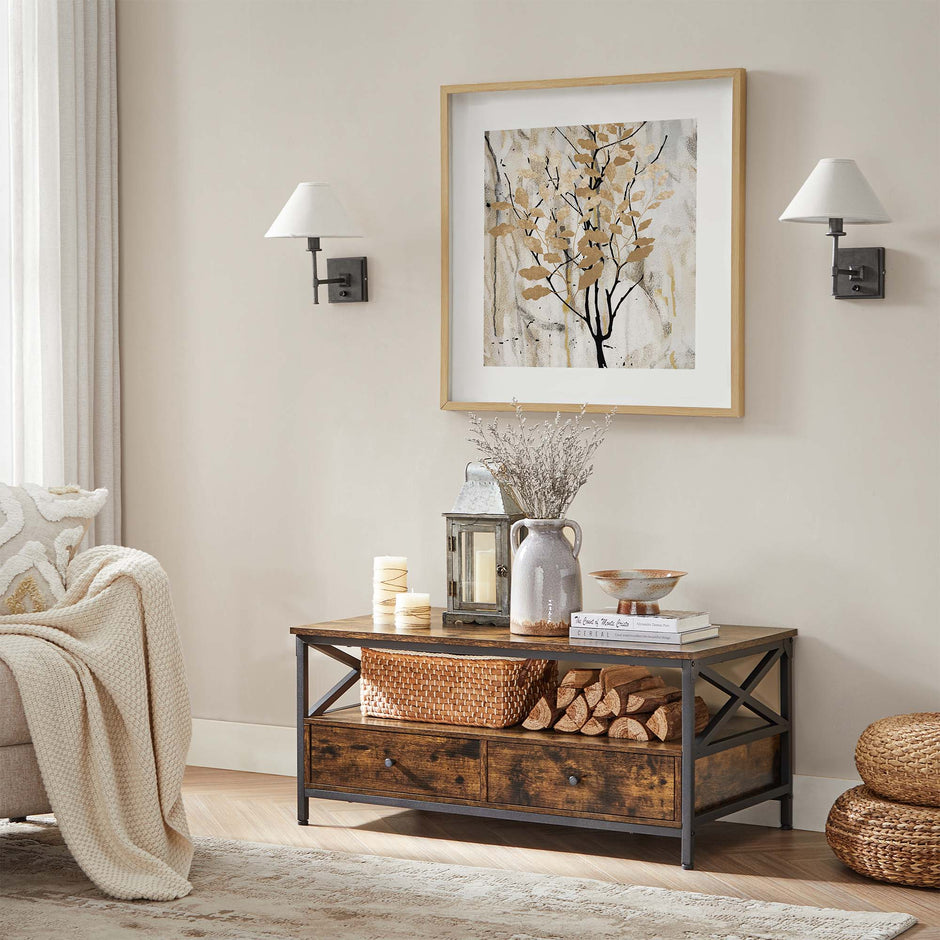 Coffee Table – Wood and Steel – Rustic Brown and Black – Industrial Style with Drawers and Open Storage Shelf