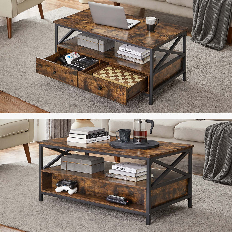 Coffee Table – Wood and Steel – Rustic Brown and Black – Industrial Style with Drawers and Open Storage Shelf