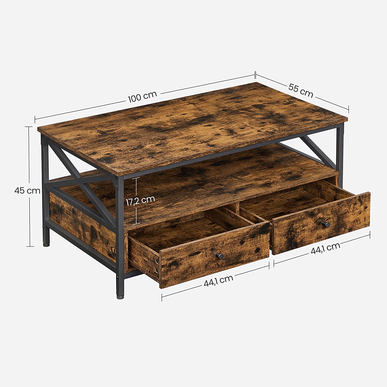 Coffee Table – Wood and Steel – Rustic Brown and Black – Industrial Style with Drawers and Open Storage Shelf