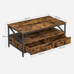 Coffee Table – Wood and Steel – Rustic Brown and Black – Industrial Style with Drawers and Open Storage Shelf