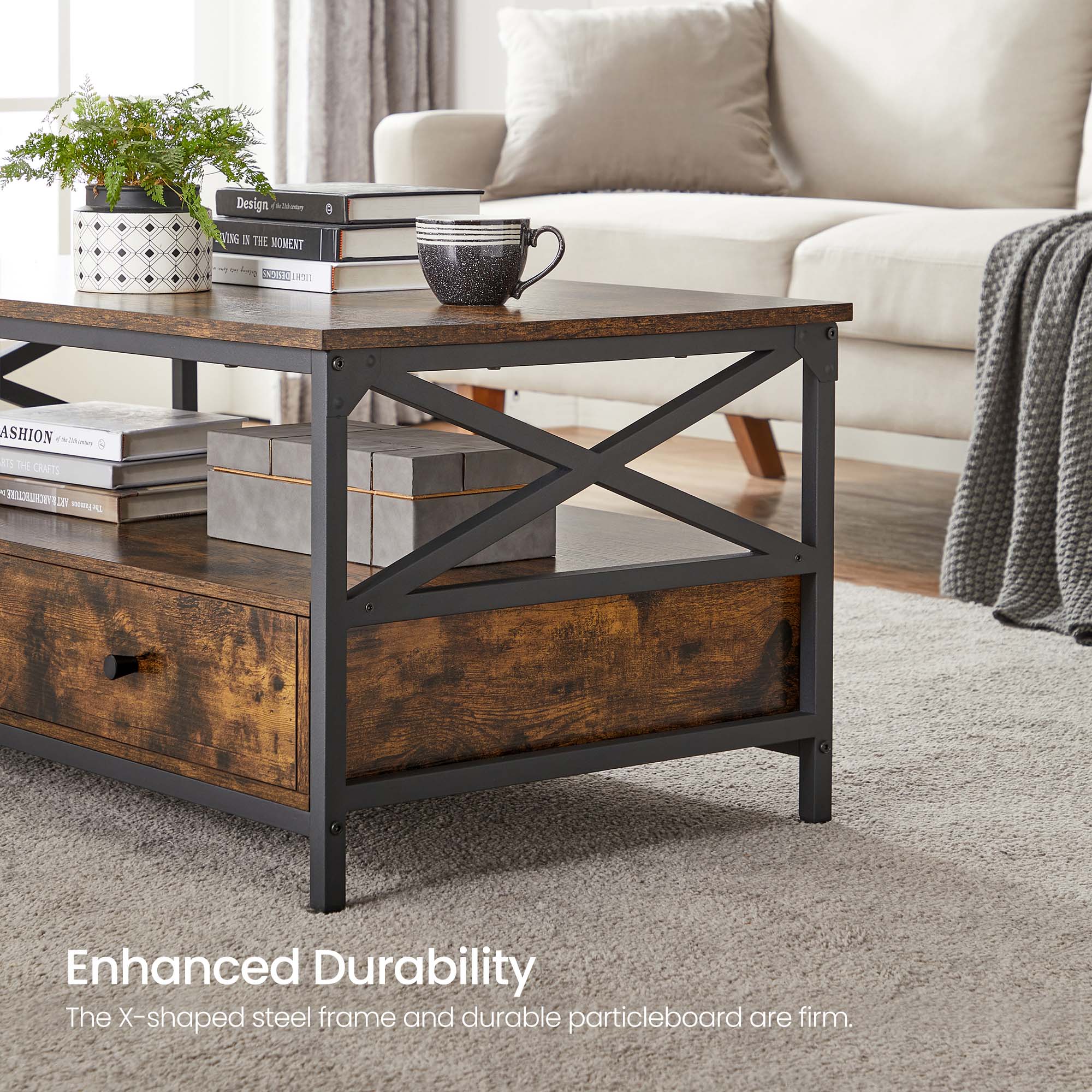 Coffee Table – Wood and Steel – Rustic Brown and Black – Industrial Style with Drawers and Open Storage Shelf