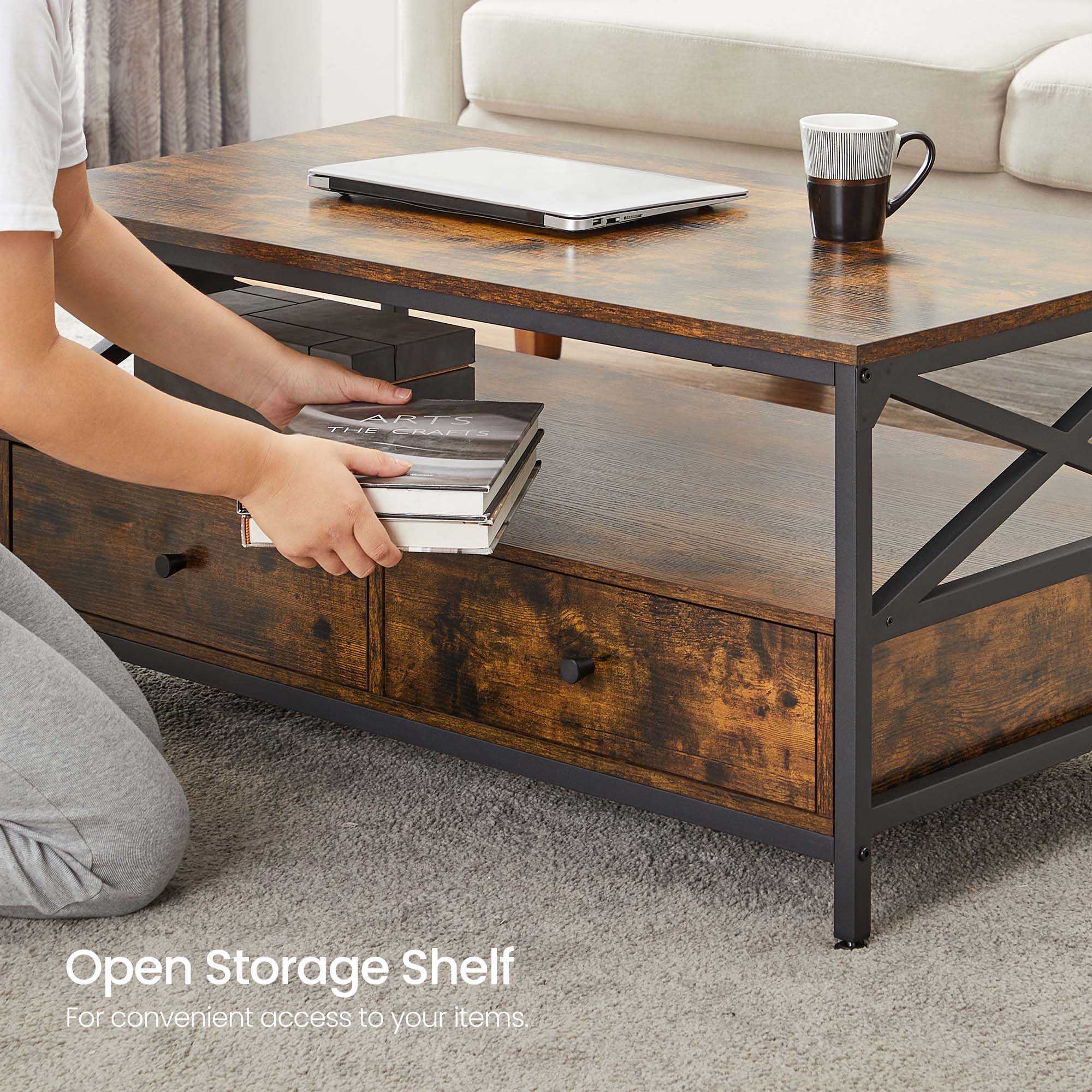 Coffee Table – Wood and Steel – Rustic Brown and Black – Industrial Style with Drawers and Open Storage Shelf