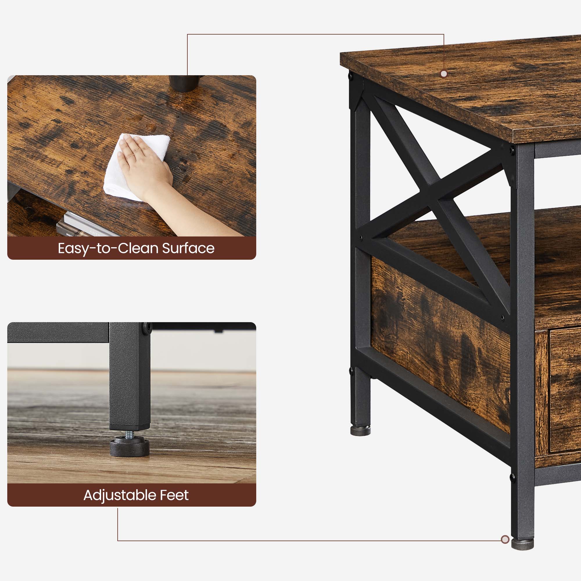 Coffee Table – Wood and Steel – Rustic Brown and Black – Industrial Style with Drawers and Open Storage Shelf