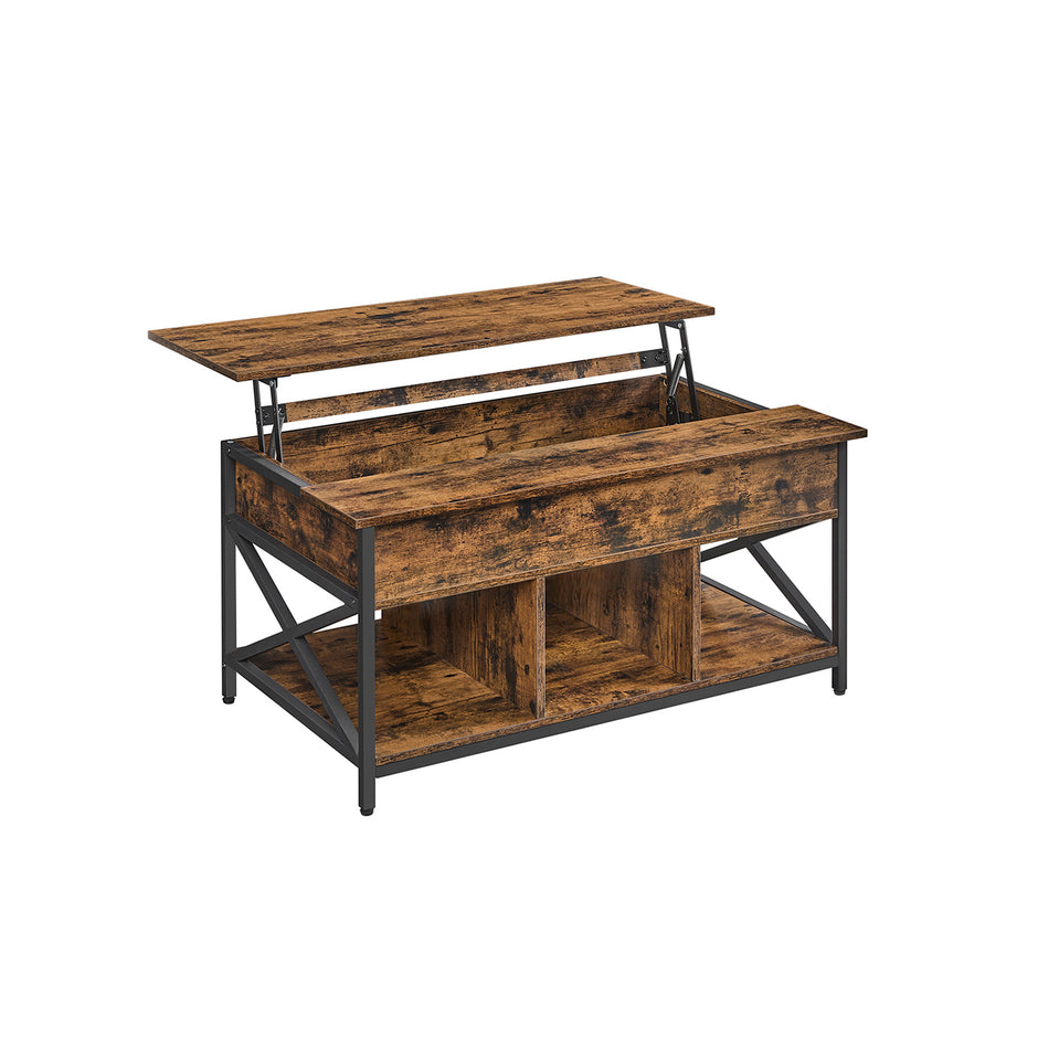 Lift-Top Coffee Table – Wood – Brown – Open and Hidden Storage with X-Shaped Bars