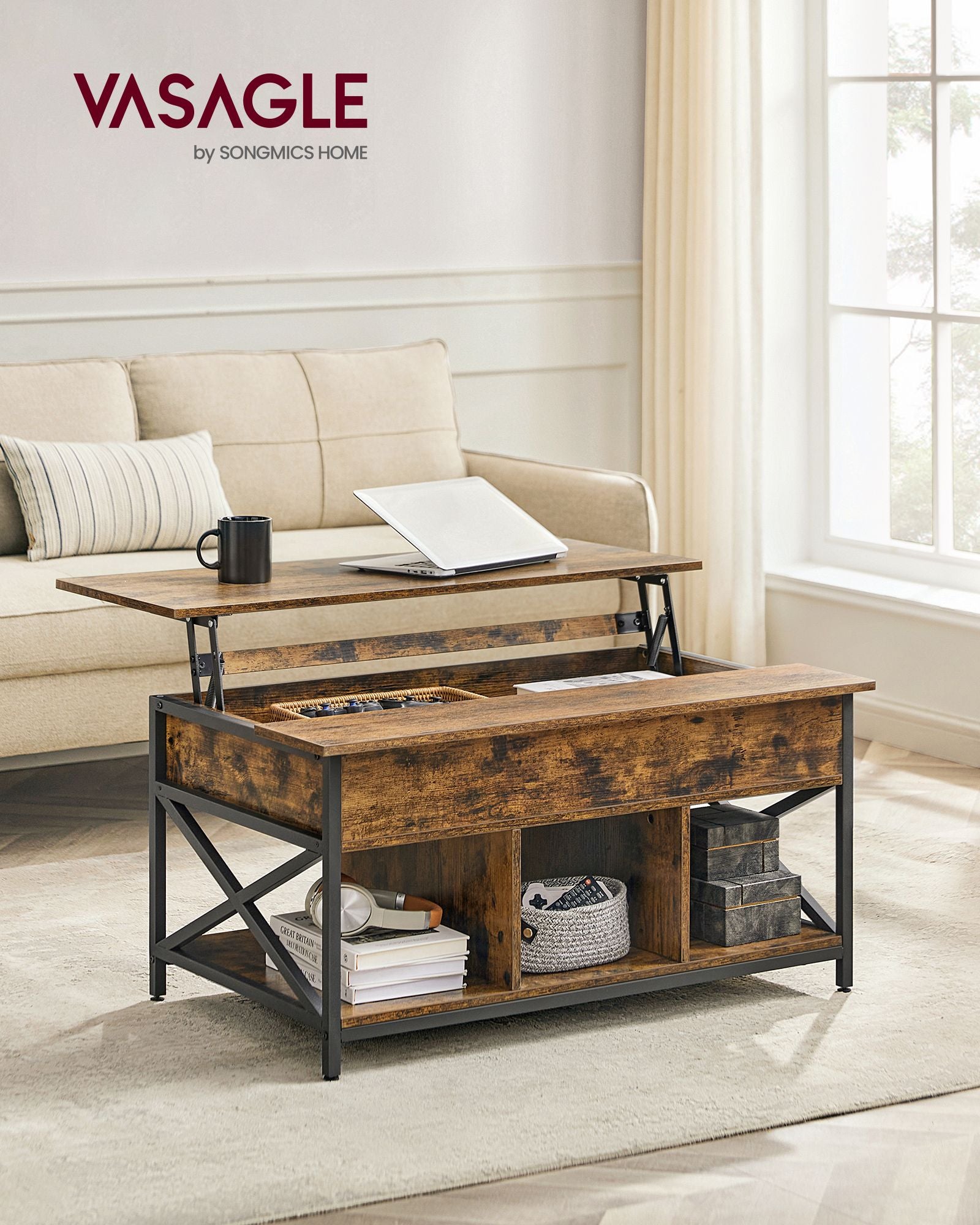 Lift-Top Coffee Table – Wood – Brown – Open and Hidden Storage with X-Shaped Bars