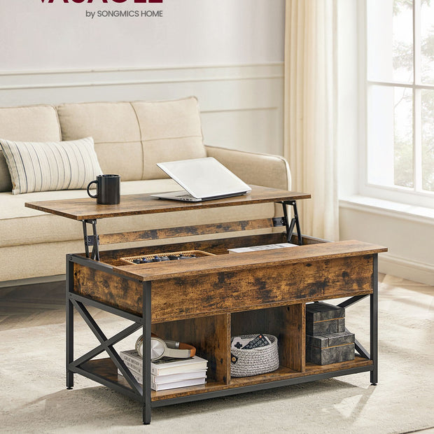 Lift-Top Coffee Table – Wood – Brown – Open and Hidden Storage with X-Shaped Bars