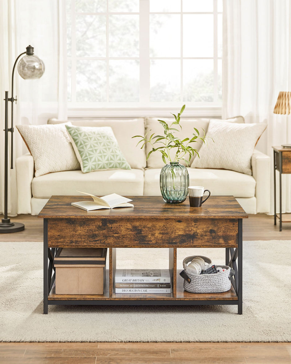 Lift-Top Coffee Table – Wood – Brown – Open and Hidden Storage with X-Shaped Bars