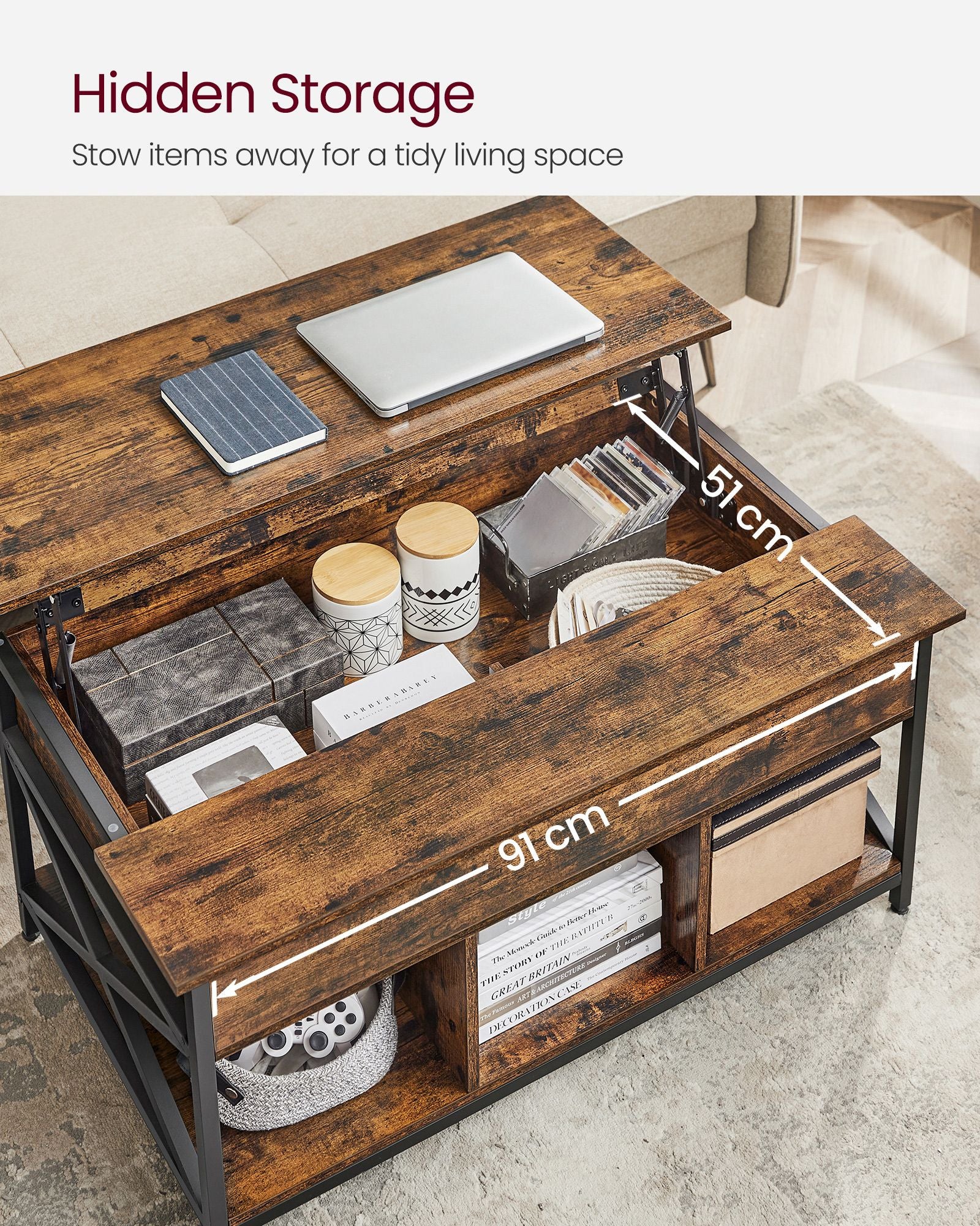Lift-Top Coffee Table – Wood – Brown – Open and Hidden Storage with X-Shaped Bars