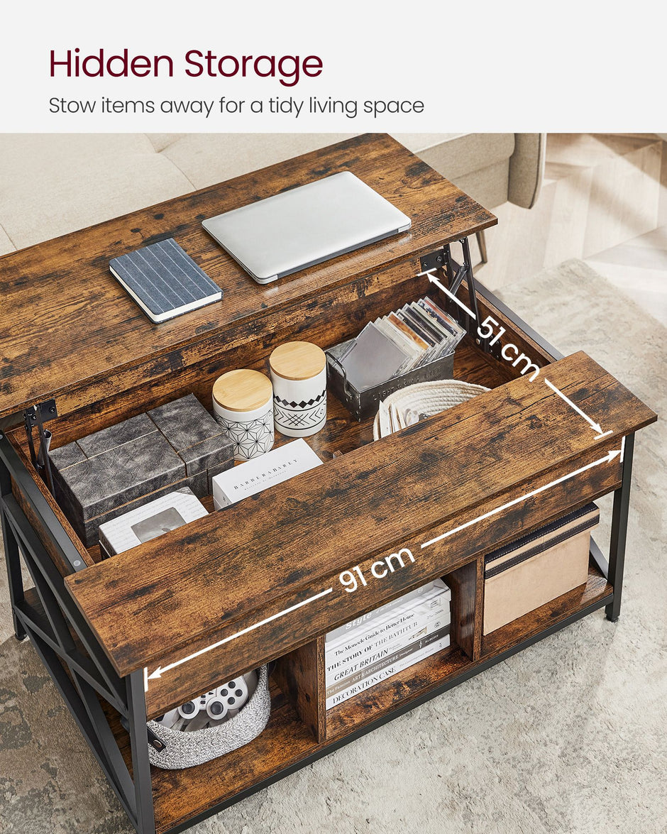 Lift-Top Coffee Table – Wood – Brown – Open and Hidden Storage with X-Shaped Bars