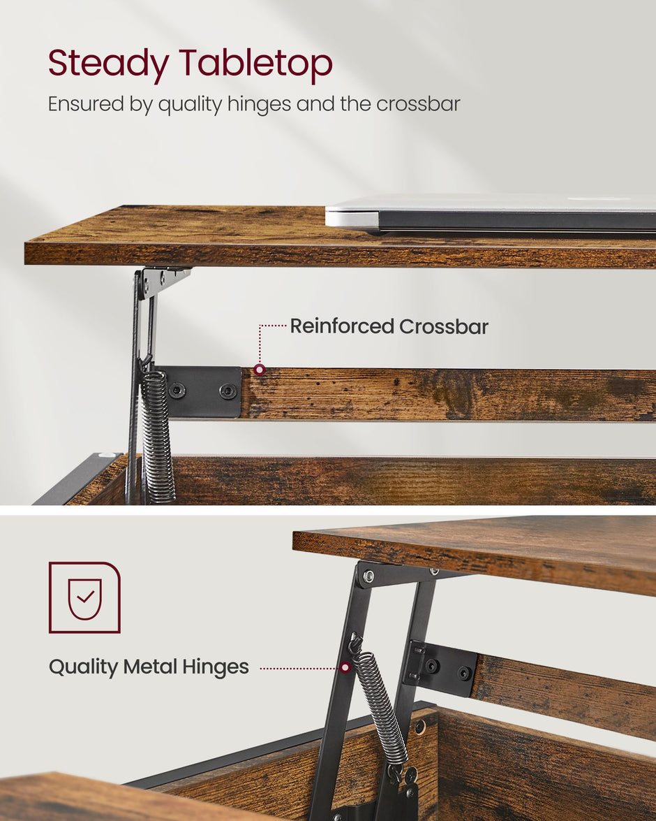 Lift-Top Coffee Table – Wood – Brown – Open and Hidden Storage with X-Shaped Bars